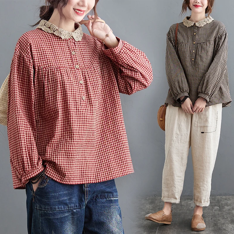 Women's Loose Large Size Cotton Linen Plaid irt Spring Autumn Doll Collar Lace Splicing Slimming Headwear T Top
Women's Loose Large Size Cotton Linen Plaid irt Spring Autumn Doll Collar Lace Splicing Slimming Headwear T Top