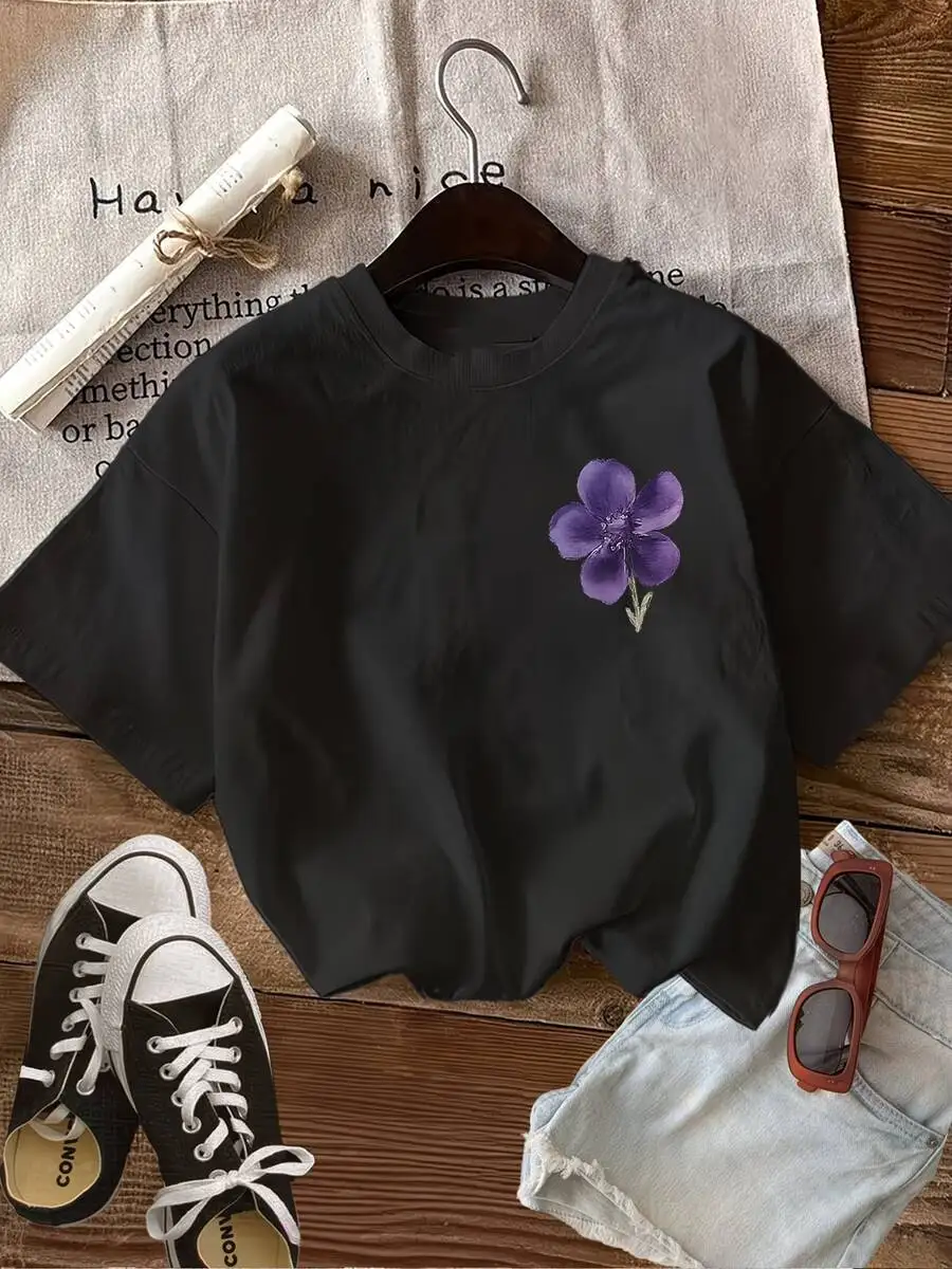 Women Black Loose Fit Floral Print Casual T-Shirt With Purple Flower
Women Black Loose Fit Floral Print Casual T-Shirt With Purple Flower