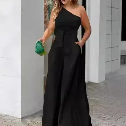 2024 Summer Women's Jumpsuit with Slanted Collar and One Side Tie Irregular Off Shoulder Pockets Wide Leg Pants Jumpsuit
2024 Summer Women's Jumpsuit with Slanted Collar and One Side Tie Irregular Off Shoulder Pockets Wide Leg Pants Jumpsuit