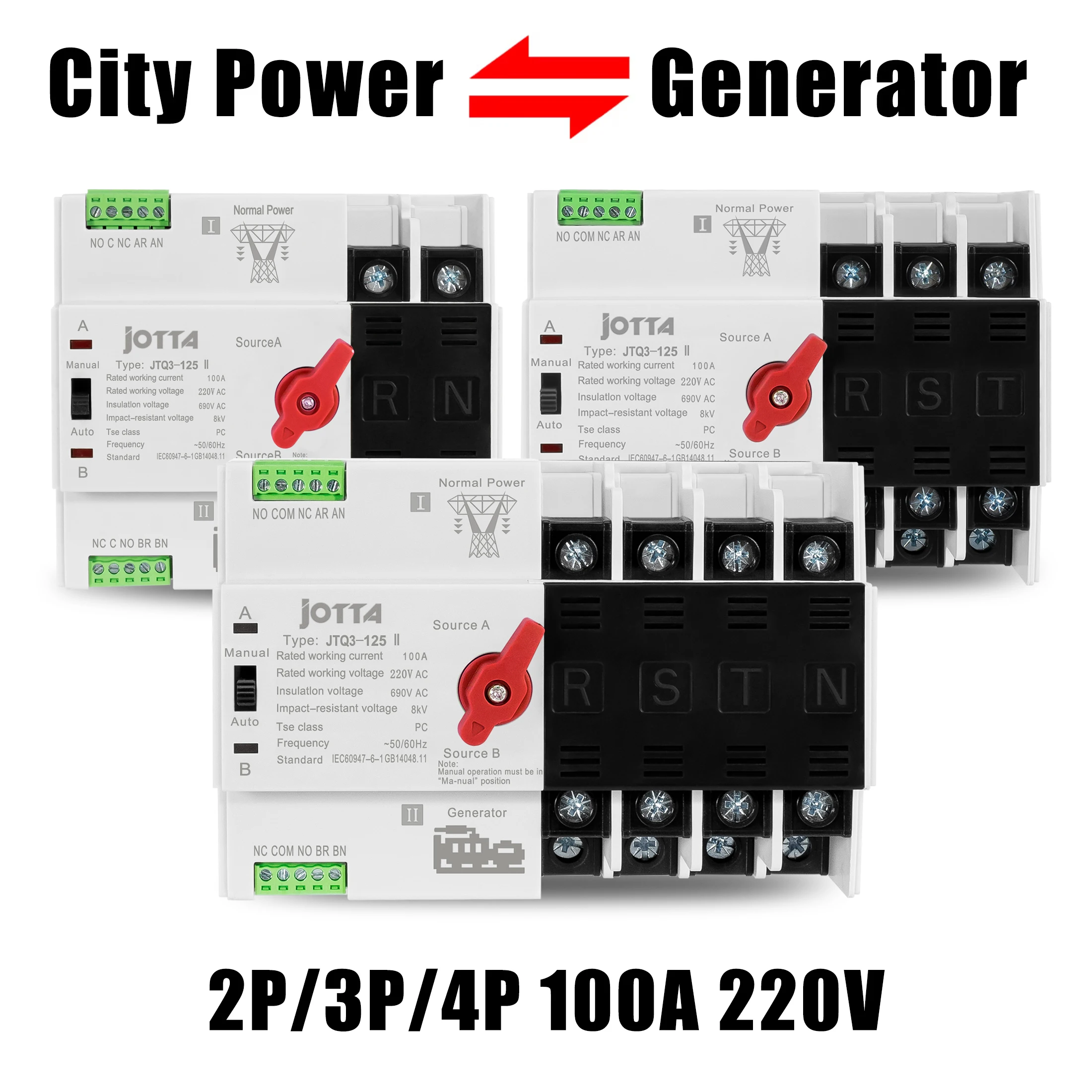 JOTTA Automatic Transfer Switch Mini Size ATS 2P 3P 4P 100A 220V Changeover Switch City Power To Generator
JOTTA Automatic Transfer Switch Mini Size ATS 2P 3P 4P 100A 220V Changeover Switch City Power To Generator