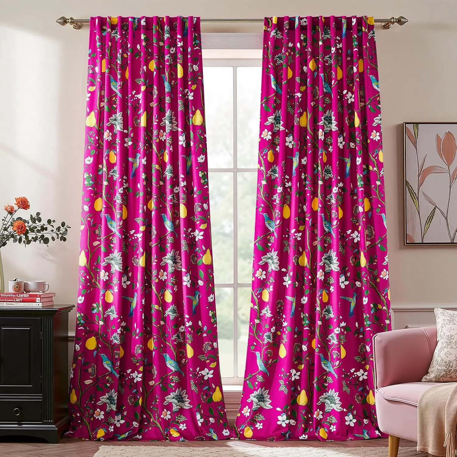 Vintage Floral Velvet Blackout Curtains 108 inch, 2 Panels, Hot Pink Birds & Flowers Design for Living Room
Vintage Floral Velvet Blackout Curtains 108 inch, 2 Panels, Hot Pink Birds & Flowers Design for Living Room
