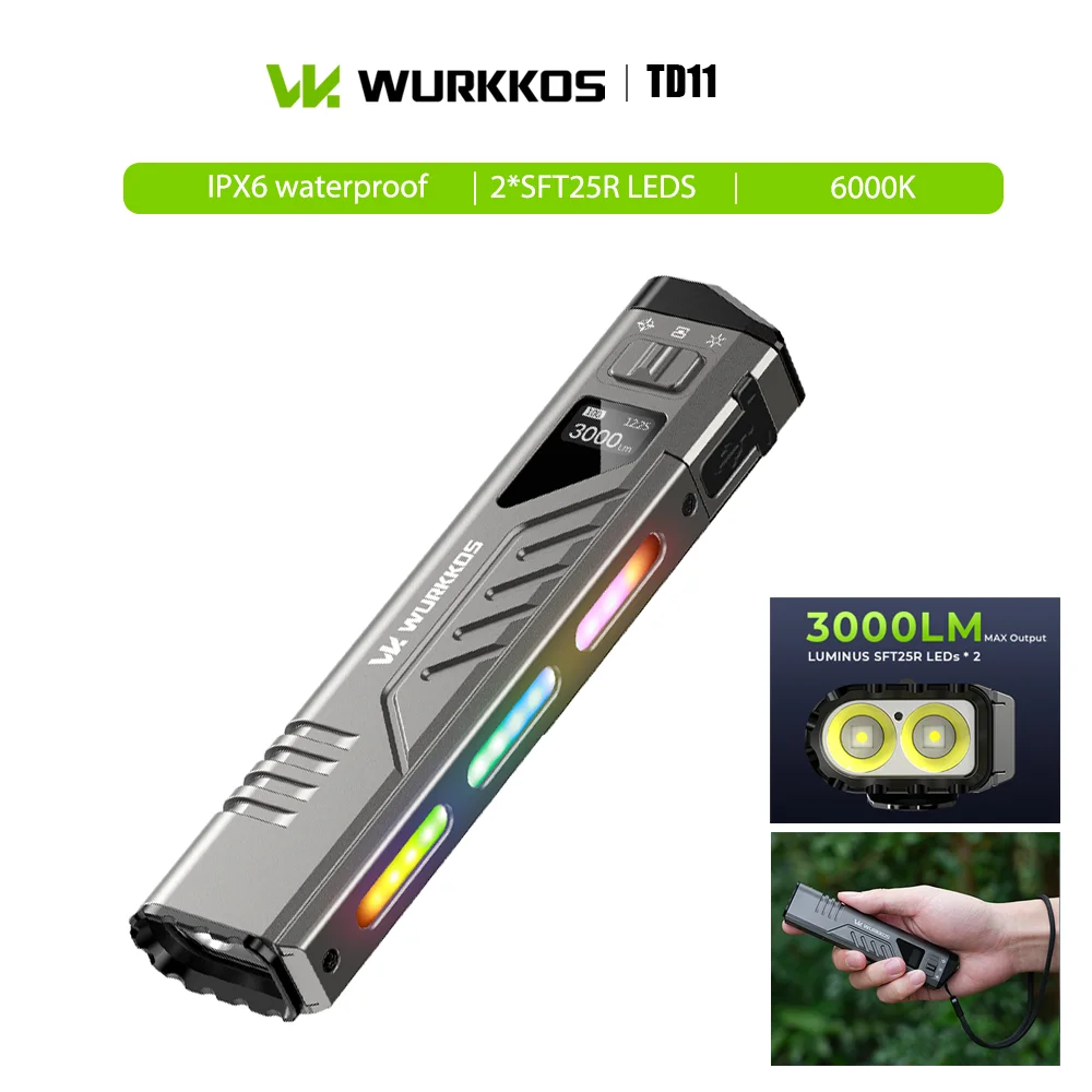 Wurkkos TD11 Slim Tactical Flashlight 3000LM IPX6 EDC Torch with 2LED Floodlight RGB Light Smart Oled Display for Camping Patrol
Wurkkos TD11 Slim Tactical Flashlight 3000LM IPX6 EDC Torch with 2LED Floodlight RGB Light Smart Oled Display for Camping Patrol