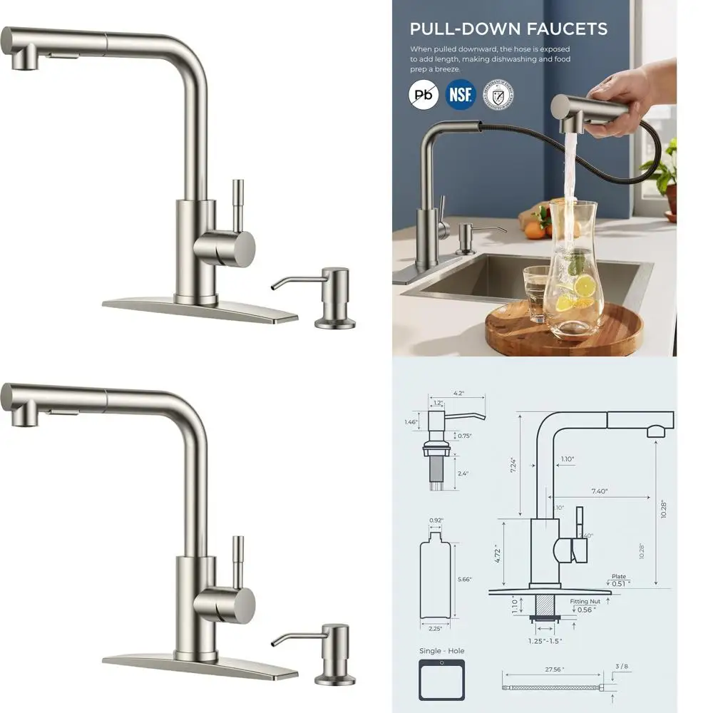 Modern Brushed Nickel Single Handle Faucet with Pull-Out Spray and Soap Dispenser for Kitchen, Bar, RV, and Outdoor Use
Modern Brushed Nickel Single Handle Faucet with Pull-Out Spray and Soap Dispenser for Kitchen, Bar, RV, and Outdoor Use