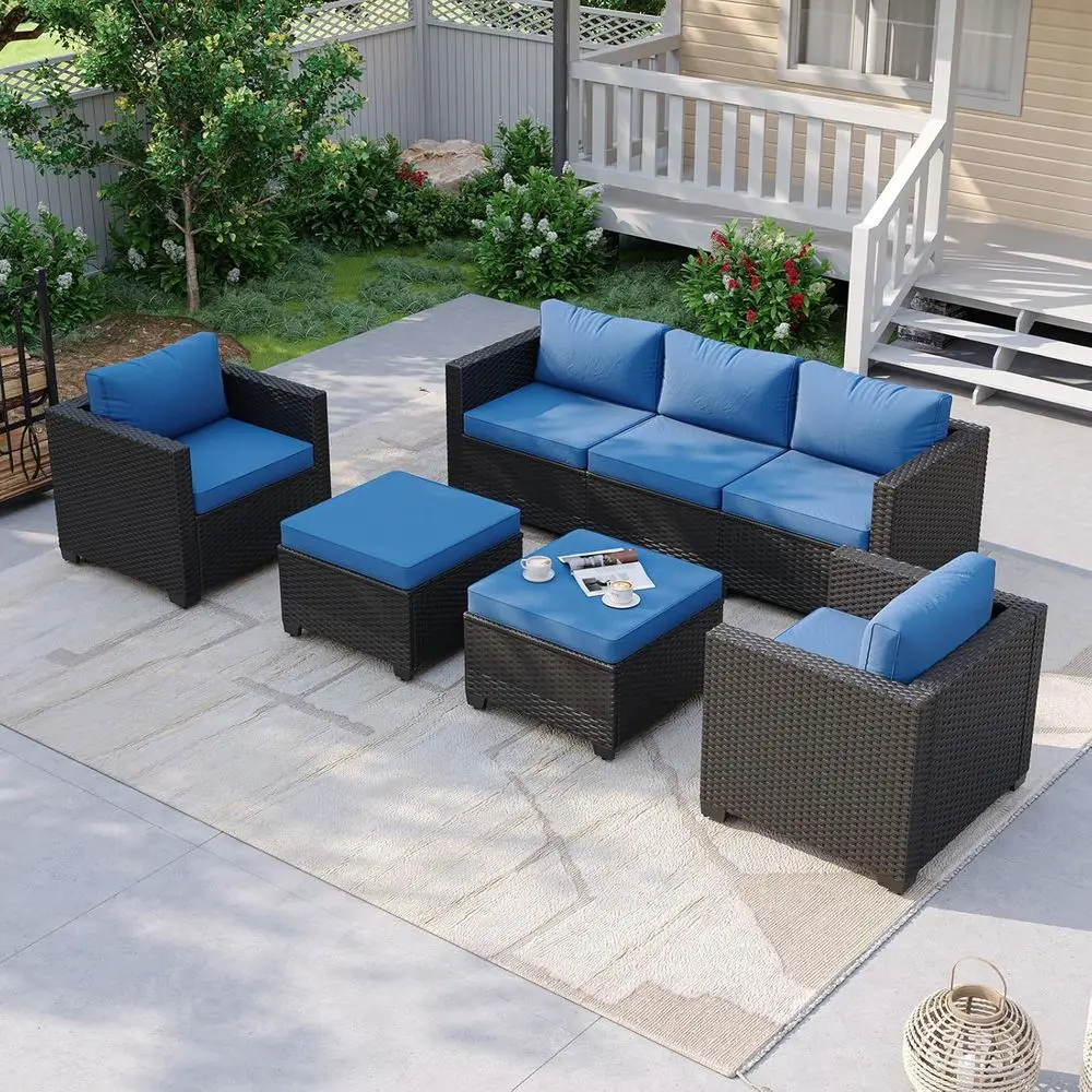 5-Piece Outdoor Sectional Sofa Set with Ottomans, Navy Blue Wicker Patio Furniture with Waterproof Cover
5-Piece Outdoor Sectional Sofa Set with Ottomans, Navy Blue Wicker Patio Furniture with Waterproof Cover