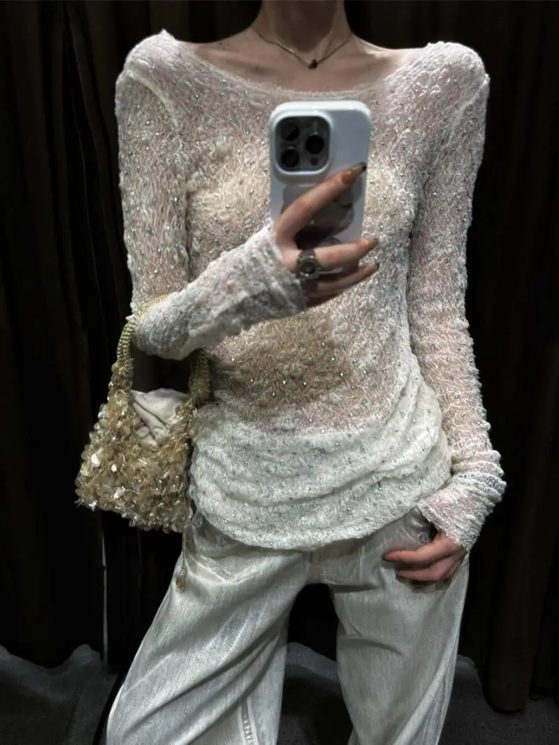 Design Sense Backless Fine Glitter Lace Elegant Top for Women Summer Slightly Sheer Slim Fit Long Sleeve Base Shirt
Design Sense Backless Fine Glitter Lace Elegant Top for Women Summer Slightly Sheer Slim Fit Long Sleeve Base Shirt