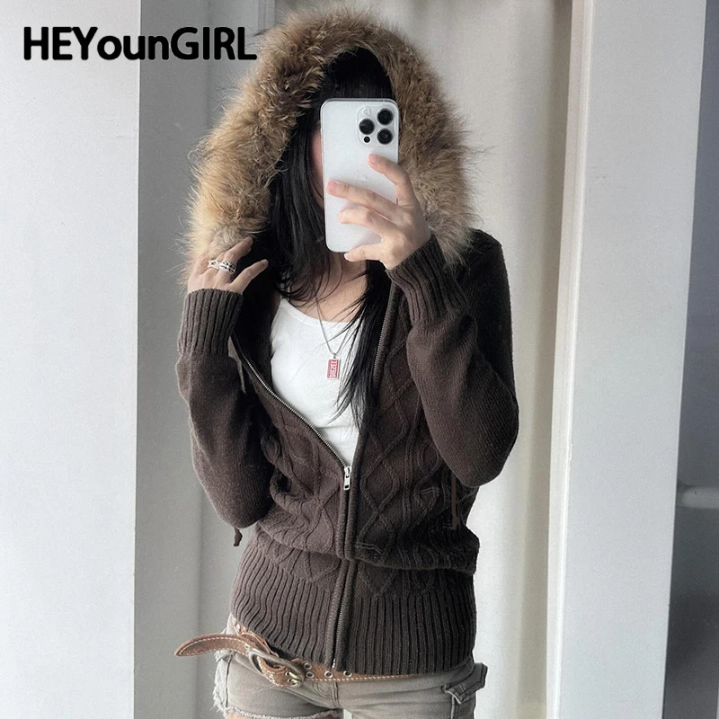HEYounGIRL Women Fur Hooded Cardigan Fall Vintage Brown Knitted Zipper Coat Winter Street Outfits Korean Fashion Jacket 2000s
HEYounGIRL Women Fur Hooded Cardigan Fall Vintage Brown Knitted Zipper Coat Winter Street Outfits Korean Fashion Jacket 2000s