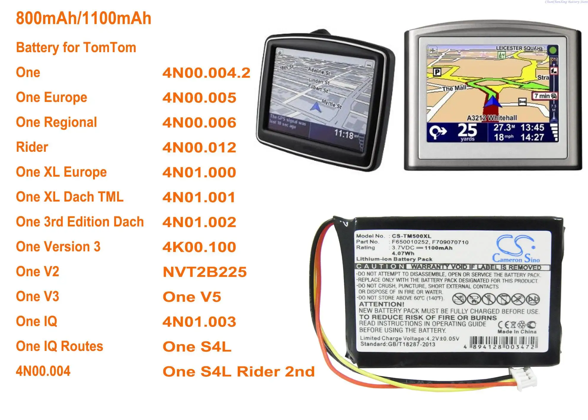 Cameron Sino 800mAh/1100mAh Battery for TomTom One, Rider, V2, V3, IQ, V5, S4L, 3rd Edition Dach
Cameron Sino 800mAh/1100mAh Battery for TomTom One, Rider, V2, V3, IQ, V5, S4L, 3rd Edition Dach