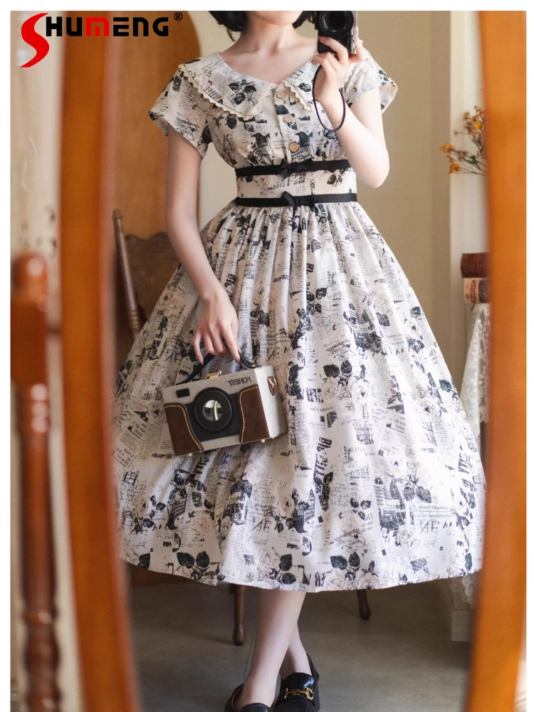 Elegant Retro Classic Print CLA OP Dress Doll Collar Short Sleeve Single Breasted High Waist A-line Slim Lolita Long Dress Women
Elegant Retro Classic Print CLA OP Dress Doll Collar Short Sleeve Single Breasted High Waist A-line Slim Lolita Long Dress Women