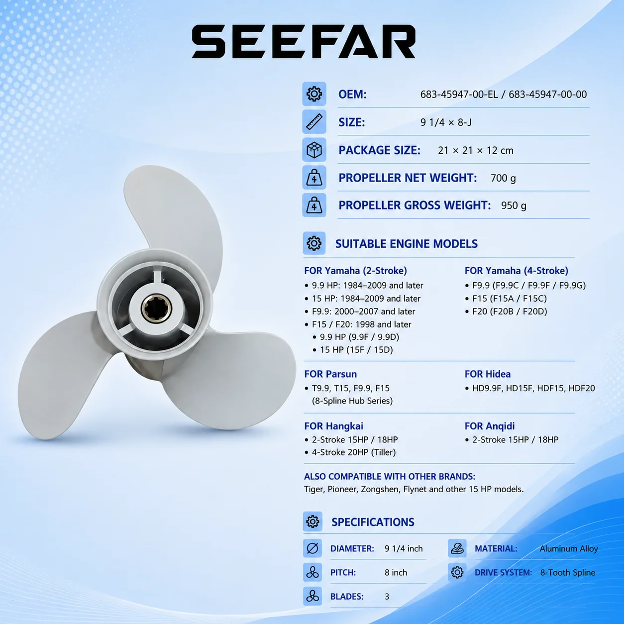 Outboard Motor Propellers for Yamaha 9.9-18hp 8inch -11 inch white color propellers
Outboard Motor Propellers for Yamaha 9.9-18hp 8inch -11 inch white color propellers
