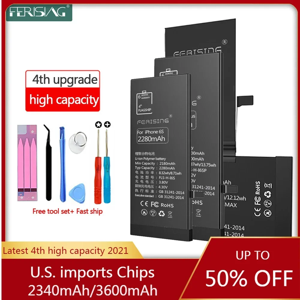 FERISING 4th New upgrade Battery For iPhone 6s 6 s 5s SE 7 8 Plus X XR XS Max 11 Pro OEM High Capacity Replacement Bateria
FERISING 4th New upgrade Battery For iPhone 6s 6 s 5s SE 7 8 Plus X XR XS Max 11 Pro OEM High Capacity Replacement Bateria