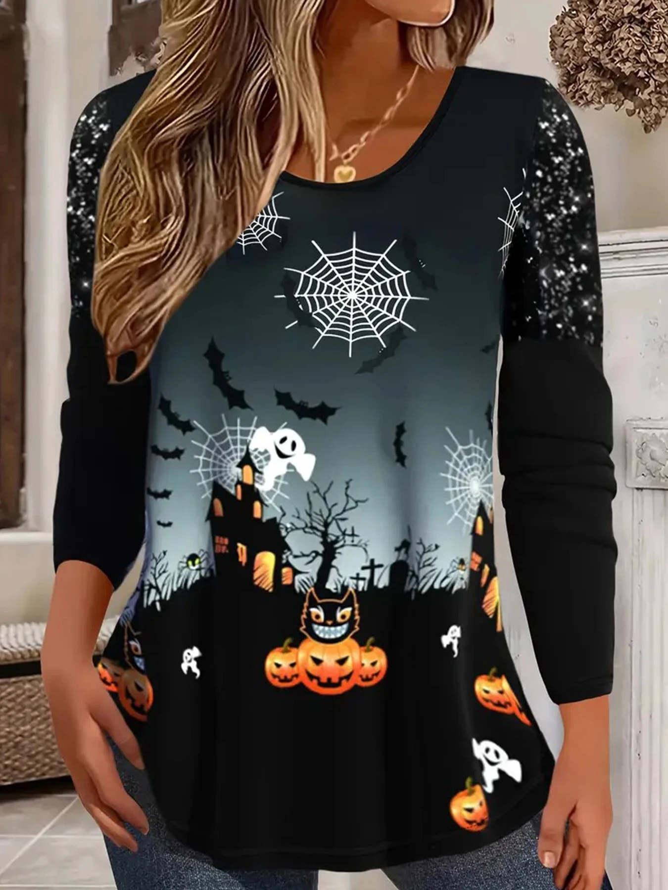 Women’s Halloween T Shirt Long Sleeve Spooky 3D Printed Pullover Shirt Casual Loose Fit Round Neck Top for Festival Wear
Women’s Halloween T Shirt Long Sleeve Spooky 3D Printed Pullover Shirt Casual Loose Fit Round Neck Top for Festival Wear