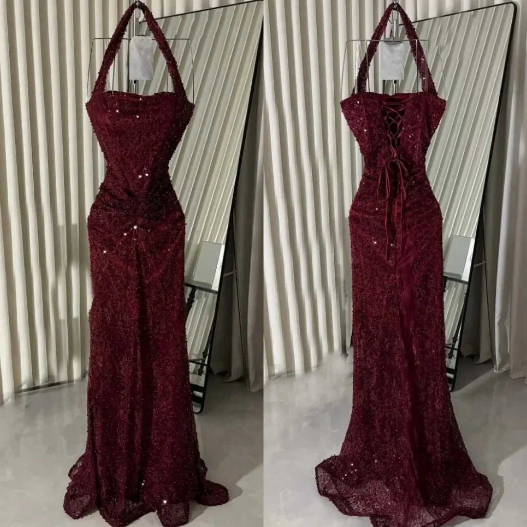 Slim Mermaid Formal Evening Gowns Wine Red Halter Prom Dress High Waist Split Lace Wedding Party Attire Dubai Dress Customized
Slim Mermaid Formal Evening Gowns Wine Red Halter Prom Dress High Waist Split Lace Wedding Party Attire Dubai Dress Customized
