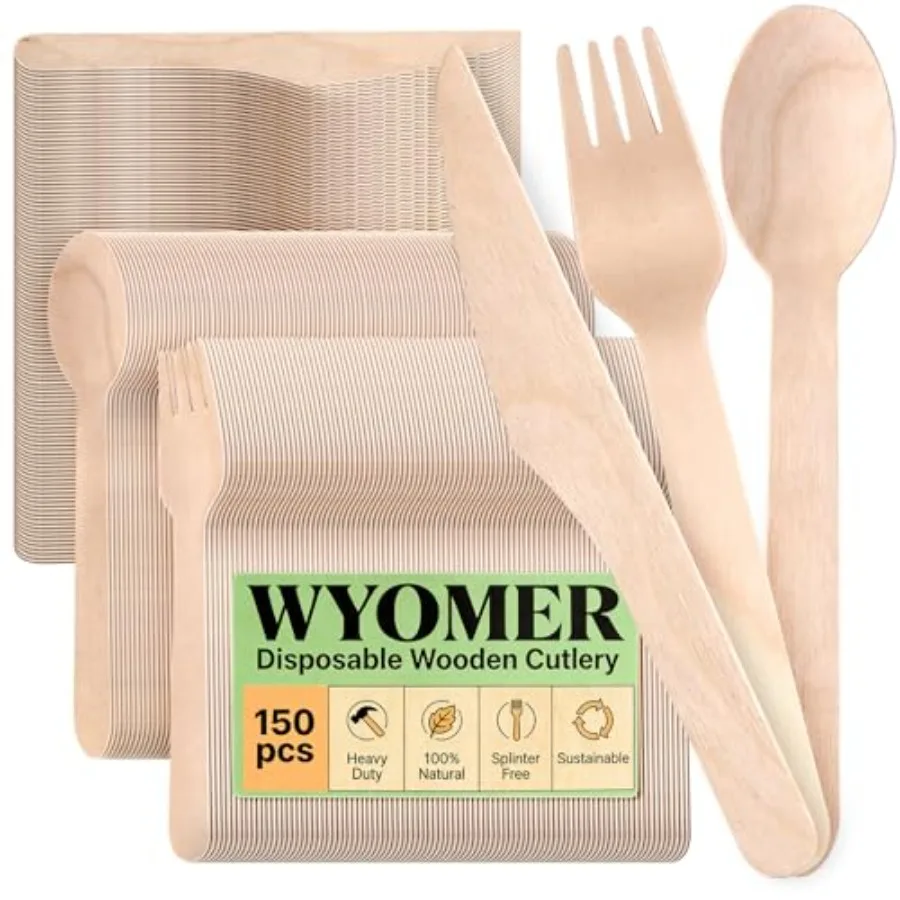 150 PCS Disposable Wooden Cutlery Set 6.5" Forks, Spoons and Knives 50 Each Splinter Free Compostable Silverware Eco Friendly P
150 PCS Disposable Wooden Cutlery Set 6.5" Forks, Spoons and Knives 50 Each Splinter Free Compostable Silverware Eco Friendly P