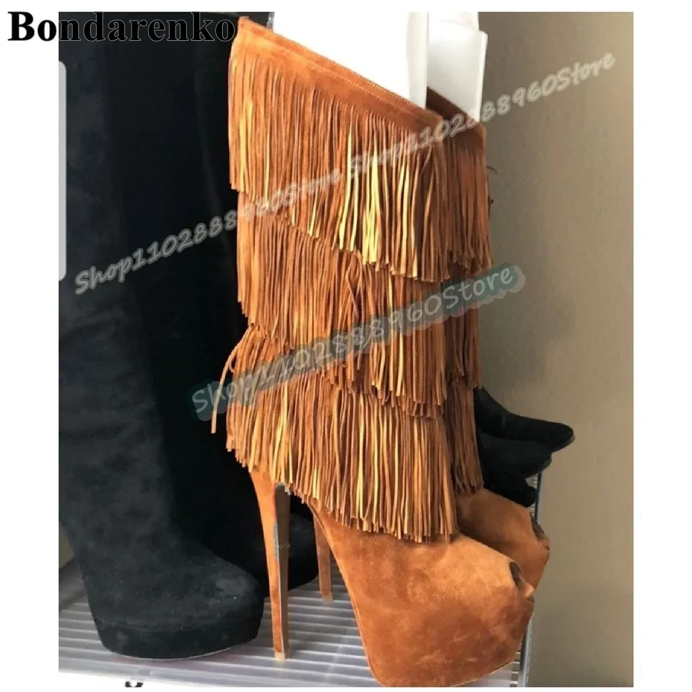 Mid Calf Flock Tassels Beveled Platform Boots Thin High Heel Shoes For Women Side Zipper Peep Toe Casual Fashionable Women Boots
Mid Calf Flock Tassels Beveled Platform Boots Thin High Heel Shoes For Women Side Zipper Peep Toe Casual Fashionable Women Boots
