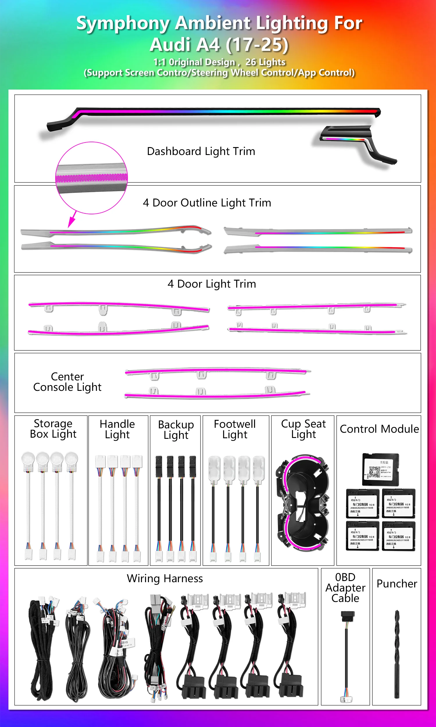 64 color dynamic ambient light for Audi A4 A5 S5 B9 2017-2025 automotive interior LED lighting upgrade accessories
64 color dynamic ambient light for Audi A4 A5 S5 B9 2017-2025 automotive interior LED lighting upgrade accessories