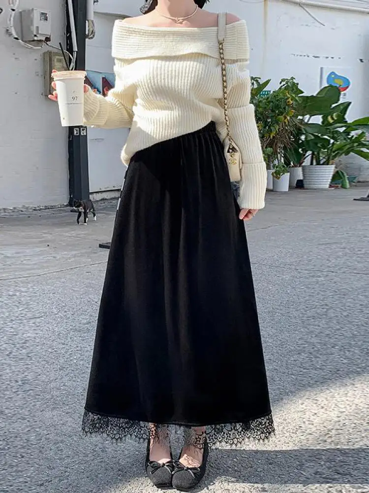 French Fashion Women Black Velvet Lace Elegant Vacation Pleated Long Skirt 2024 Autumn Winter New Elastic High Waist Party Skirt
French Fashion Women Black Velvet Lace Elegant Vacation Pleated Long Skirt 2024 Autumn Winter New Elastic High Waist Party Skirt