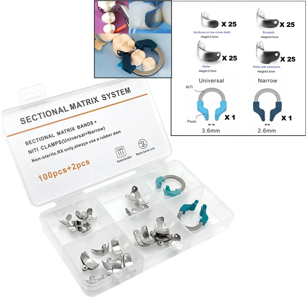 High-Quality 102PCS Dental Matrix Bands Kit Metal Matrices with NiTi Clamping Ring for Dental Fillings
High-Quality 102PCS Dental Matrix Bands Kit Metal Matrices with NiTi Clamping Ring for Dental Fillings