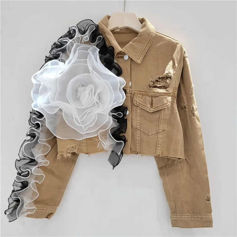 Новые куртки в сетку с 3D цветами и оборками, джинсовая куртка с отверстиями, газовые лоскутные лацканы, короткое пальто, свободные ковбойские женские топы 
Новые куртки в сетку с 3D цветами и оборками, джинсовая куртка с отверстиями, газовые лоскутные лацканы, короткое пальто, свободные ковбойские женские топы