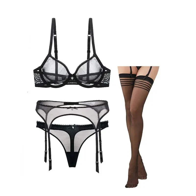 European and American Sexy Underwear Ultra-thin Transparent Mesh Bra Set Garter Belt With Stockings 4 Piece Set
European and American Sexy Underwear Ultra-thin Transparent Mesh Bra Set Garter Belt With Stockings 4 Piece Set