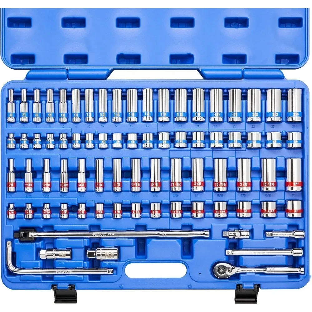 3/8 Drive 76Pc Colored Ratchet Socket Set SAE Metric CrV Steel Auto Repair
3/8 Drive 76Pc Colored Ratchet Socket Set SAE Metric CrV Steel Auto Repair