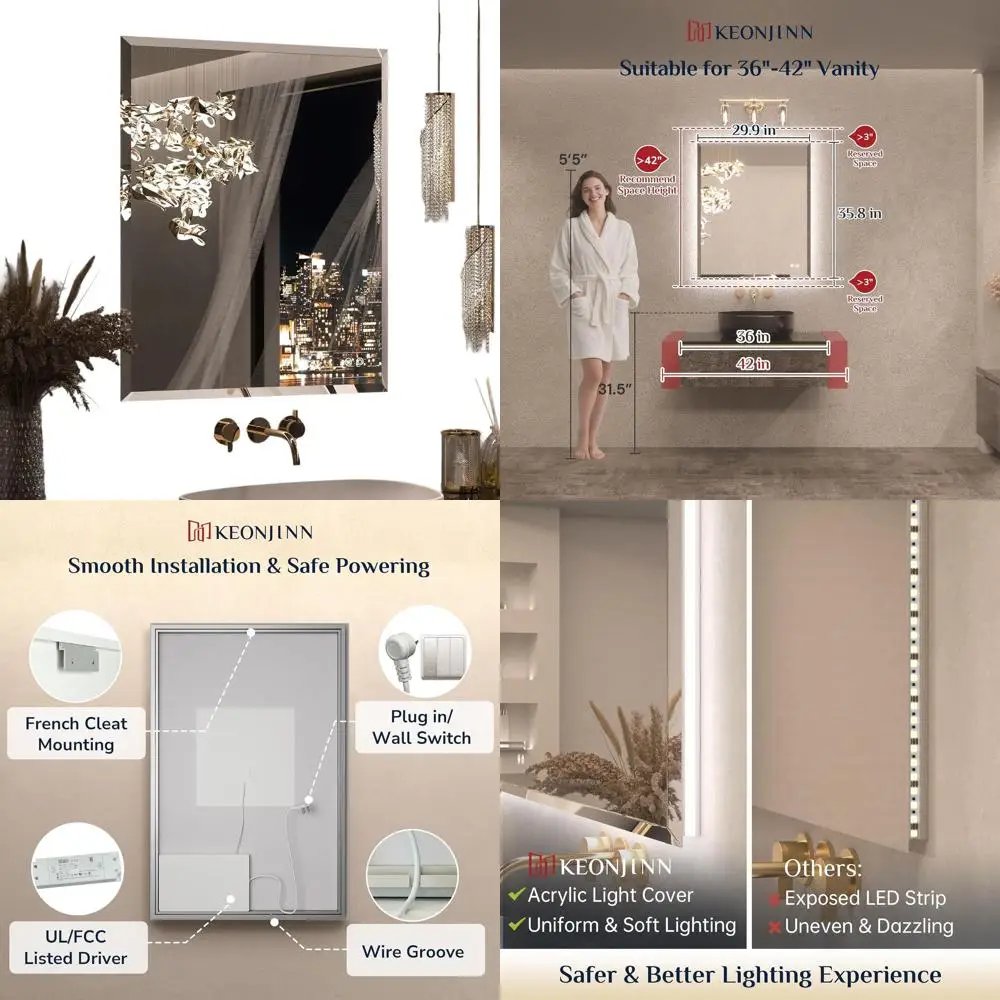 36 Backlit Vanity Mirror with LED Lights, Beveled Edge, Tempered Glass, 3000K-6500K, Dimmable
36 Backlit Vanity Mirror with LED Lights, Beveled Edge, Tempered Glass, 3000K-6500K, Dimmable