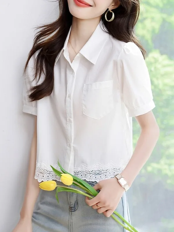 Fashionable Lace Splice Short Sleeve Shirt Women's Summer New Style Versatile Slimming White Shirt Elegant Short Top
Fashionable Lace Splice Short Sleeve Shirt Women's Summer New Style Versatile Slimming White Shirt Elegant Short Top