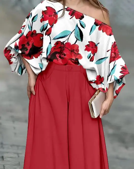 2 Pieces Outfit Floral Print Skew Neck Batwing Sleeve Top & Zipper Fly Elastic Back Waist Wide Leg Pants Set Casual Loose Sets
2 Pieces Outfit Floral Print Skew Neck Batwing Sleeve Top & Zipper Fly Elastic Back Waist Wide Leg Pants Set Casual Loose Sets