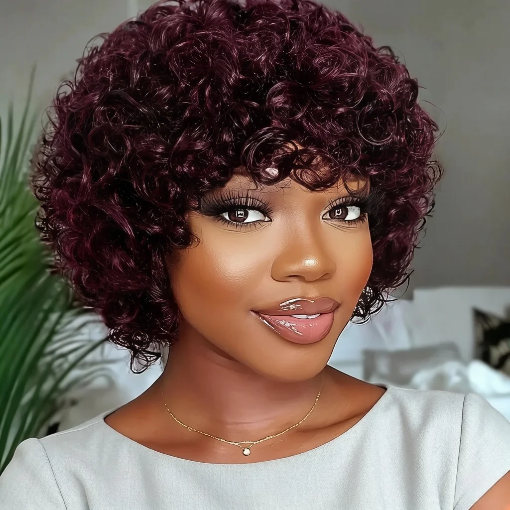 Short Pixie Loose Curly Wigs for Women Burgundy Brazilian Human Hair Wigs With Bangs Full Machine Made Wig
Short Pixie Loose Curly Wigs for Women Burgundy Brazilian Human Hair Wigs With Bangs Full Machine Made Wig