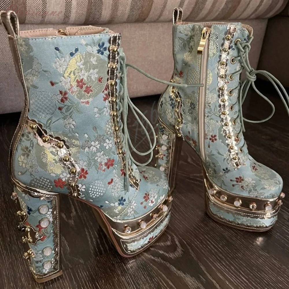 Women Chinese Style Floral Platform Ankle Boots Embellished Lace Up Rhinestone Pearl Block High Heel Booties Lolita Cosplay
Women Chinese Style Floral Platform Ankle Boots Embellished Lace Up Rhinestone Pearl Block High Heel Booties Lolita Cosplay