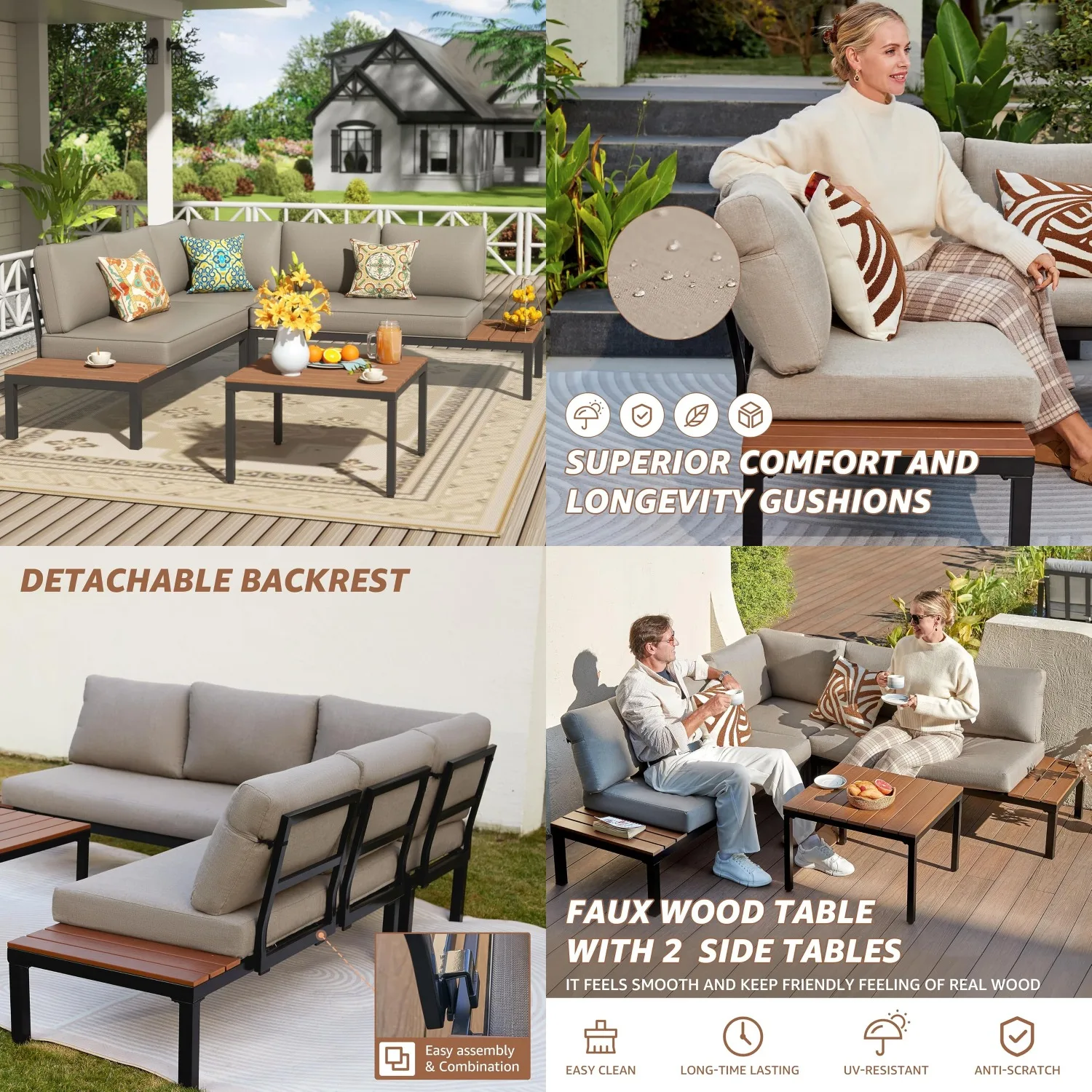Metal Patio Sectional Sofa L-Shape Detachable Backrest 3 Fauxwood Tables Black Frame Olefin Cushions Yard Garden, Customized
Metal Patio Sectional Sofa L-Shape Detachable Backrest 3 Fauxwood Tables Black Frame Olefin Cushions Yard Garden, Customized
