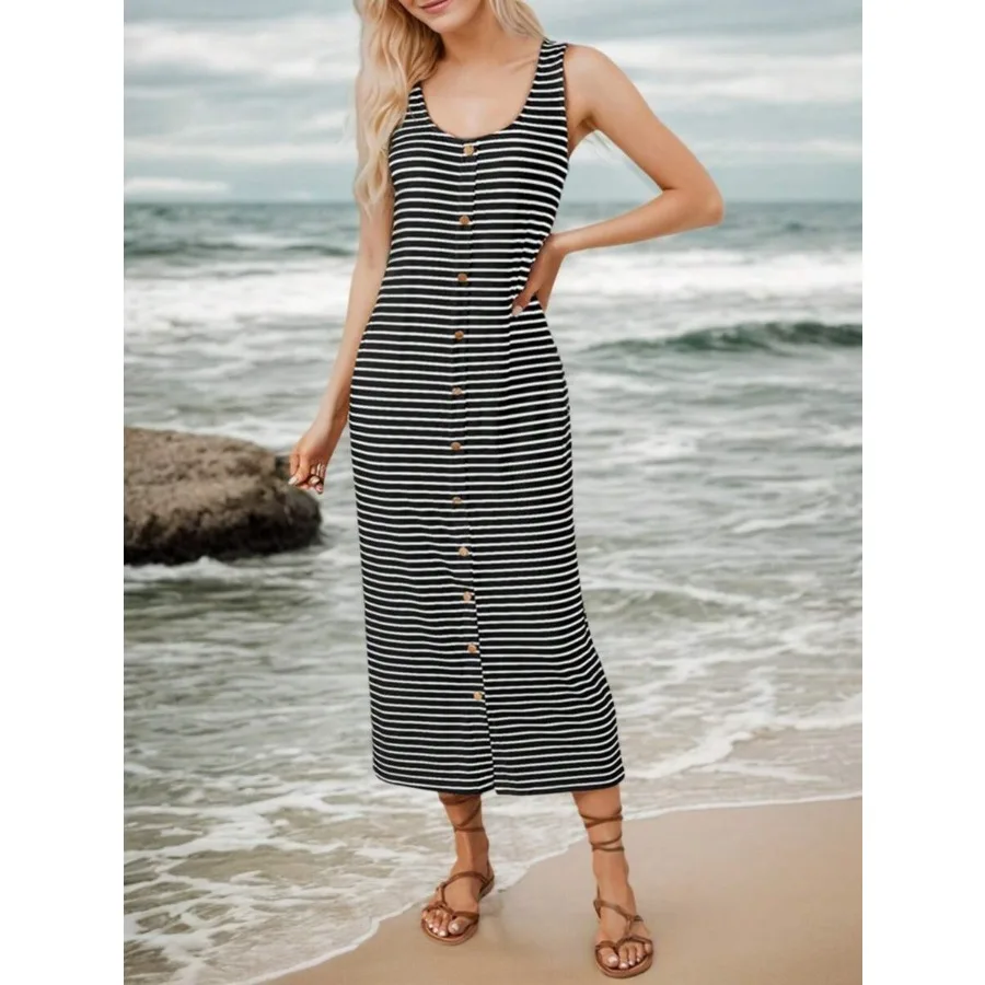 【New style】Chic Sleeveless Striped T Shirt Tank Midi Dress, Casual Scoop Neck Button Front Design Bodycon Dresses, Woman Clothe
【New style】Chic Sleeveless Striped T Shirt Tank Midi Dress, Casual Scoop Neck Button Front Design Bodycon Dresses, Woman Clothe
