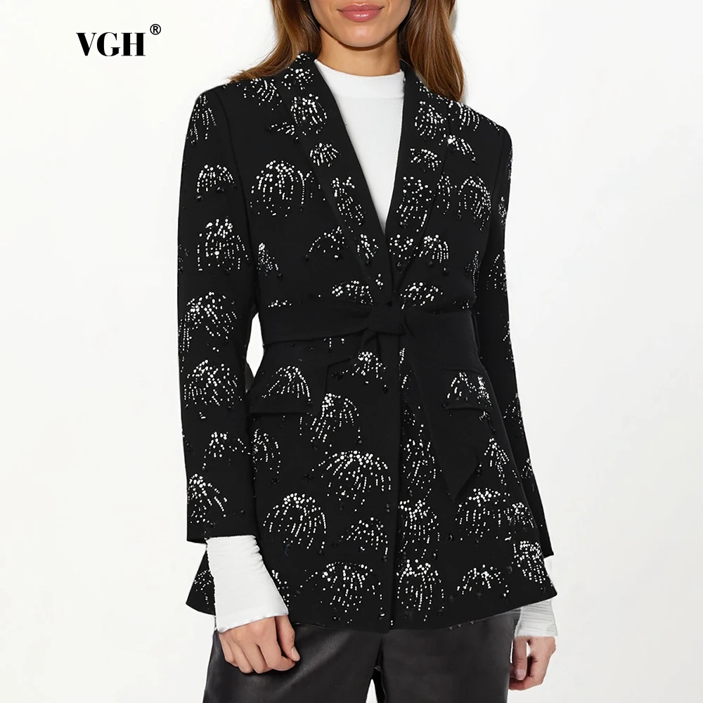 VGH Black Vintage Spliced Sequins Blazer for Women Notched Collar Long Sleeve Patchwork Lace Up Slimming Fashionable Coat Female
VGH Black Vintage Spliced Sequins Blazer for Women Notched Collar Long Sleeve Patchwork Lace Up Slimming Fashionable Coat Female