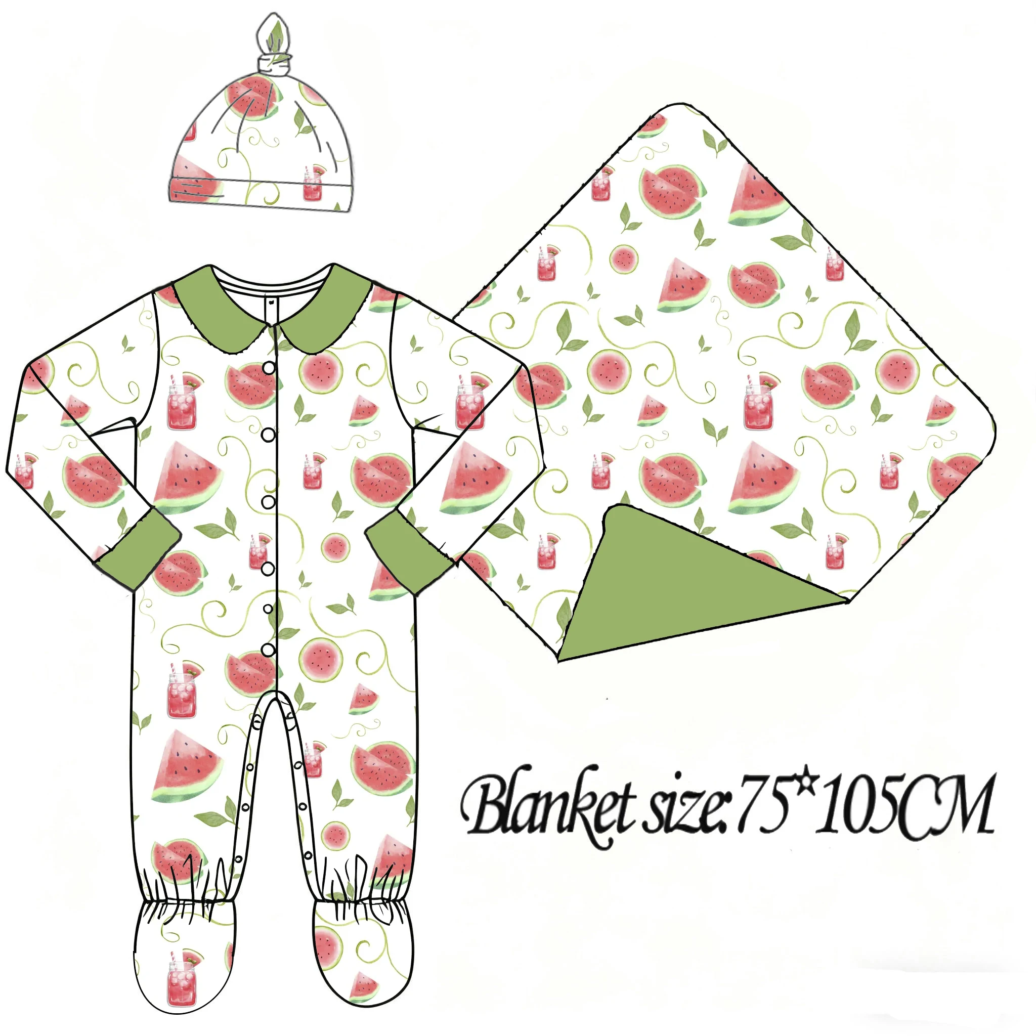 Watermelon Print Baby Boy Long-Sleeved Pants Collared Button Romper Matching Blanket and Hat Baby Boutique Three-Piece Set
Watermelon Print Baby Boy Long-Sleeved Pants Collared Button Romper Matching Blanket and Hat Baby Boutique Three-Piece Set