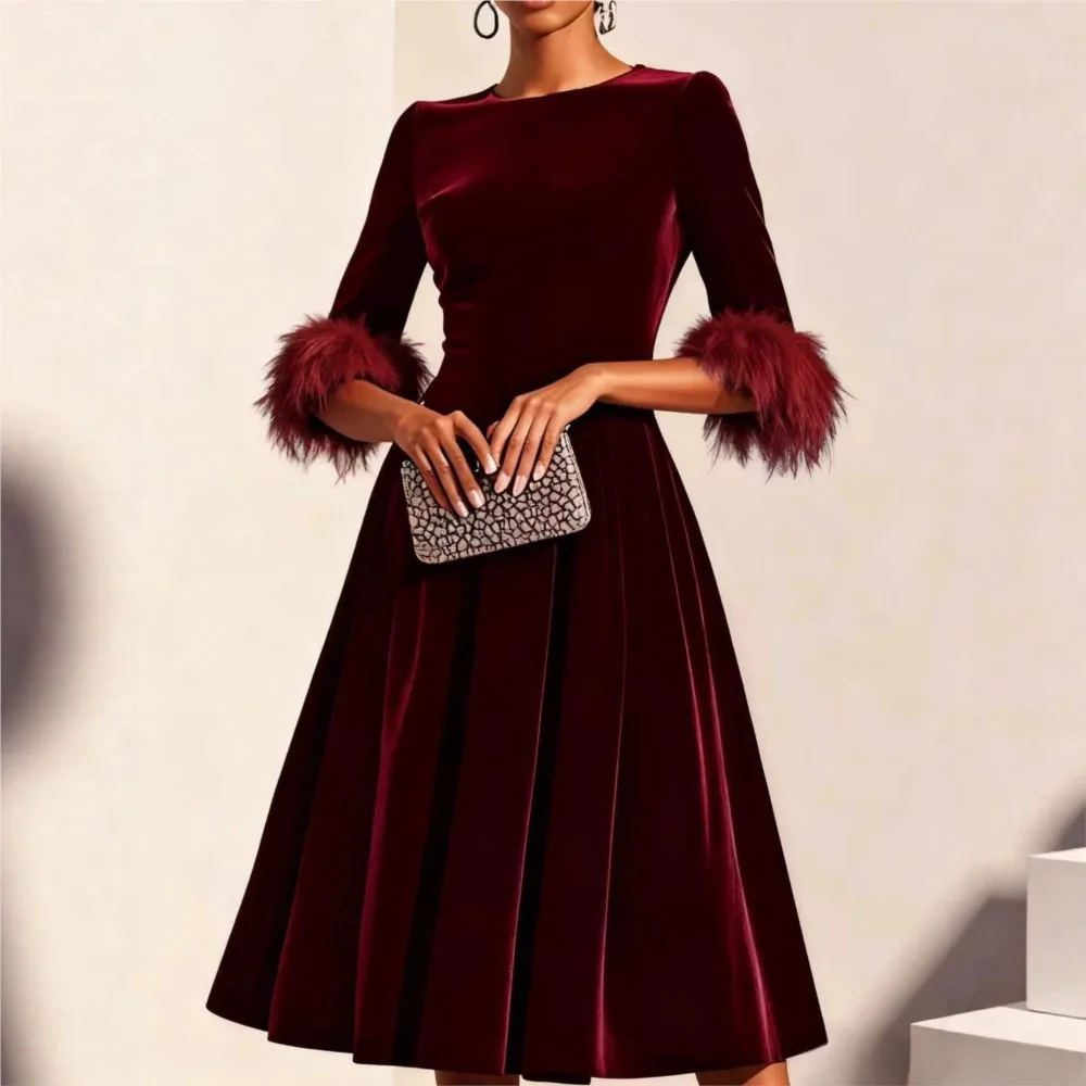 Velvet Dress Fashionable Feather Half-sleeve High Waist A-line Large Hem Women's Spring Autumn Elegant Round Neck Long Dress
Velvet Dress Fashionable Feather Half-sleeve High Waist A-line Large Hem Women's Spring Autumn Elegant Round Neck Long Dress