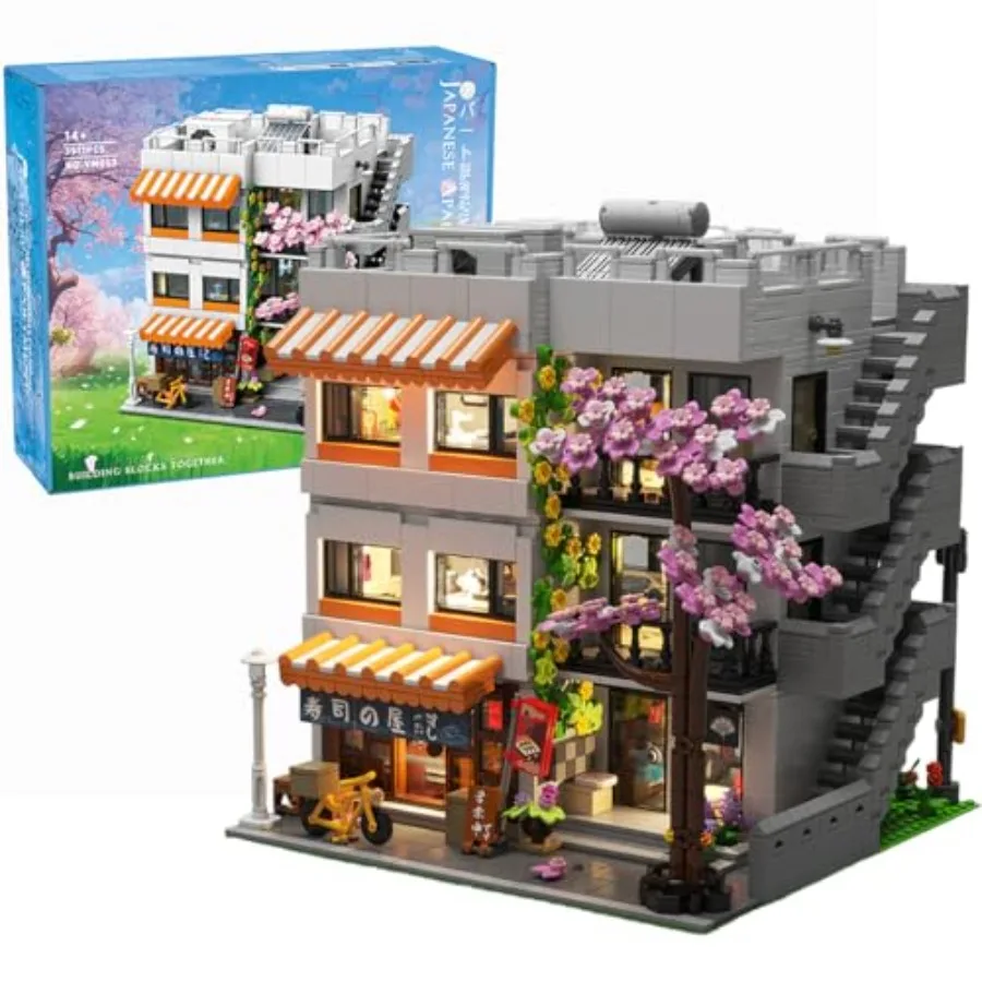 Japanese apartment building street view set: 3-story cherry blossom architecture in gray and pink with LED lights 5 figures for
Japanese apartment building street view set: 3-story cherry blossom architecture in gray and pink with LED lights 5 figures for