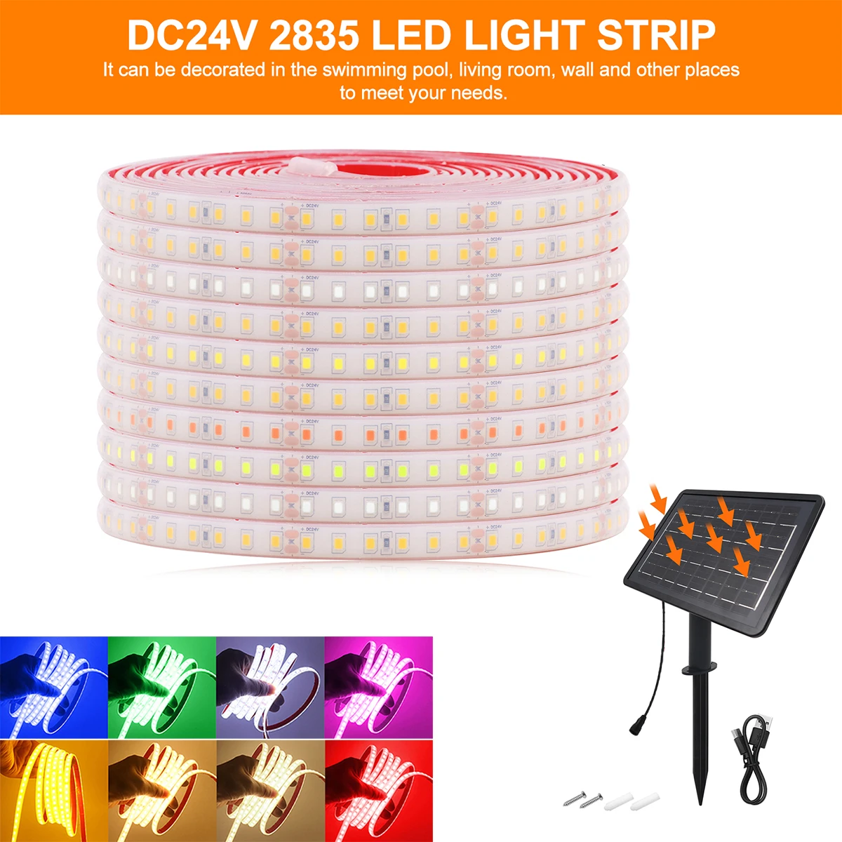24V Solar 2835 LED Light Strip Warm Natural White Red Green Blue 120LEDs/m IP68 Waterproof Flexible High Density Linear Lighting
24V Solar 2835 LED Light Strip Warm Natural White Red Green Blue 120LEDs/m IP68 Waterproof Flexible High Density Linear Lighting
