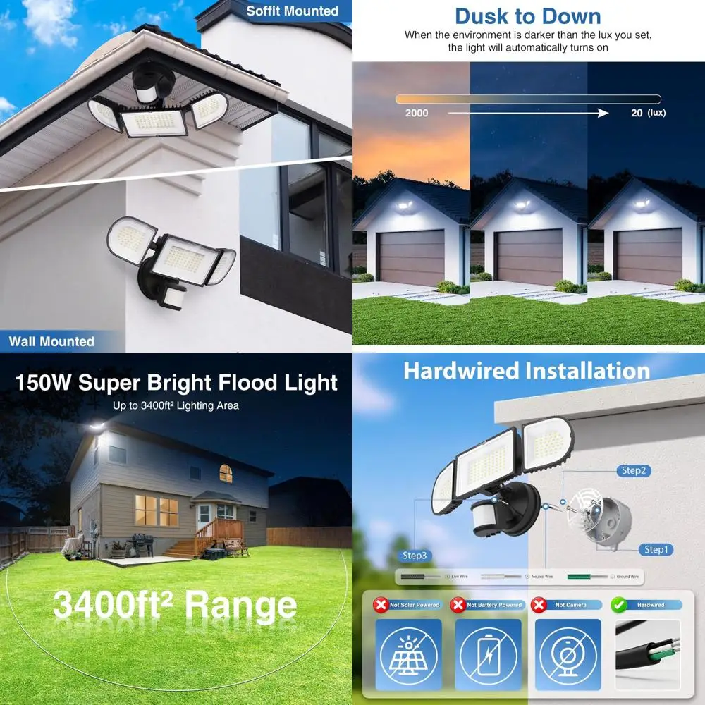 Уличный светодиодный светильник с датчиком движения 150 Вт, 15000 лм, с функцией включения от заката до рассвета, водонепроницаемый IP65, для дома и гаража
Уличный светодиодный светильник с датчиком движения 150 Вт, 15000 лм, с функцией включения от заката до рассвета, водонепроницаемый IP65, для дома и гаража