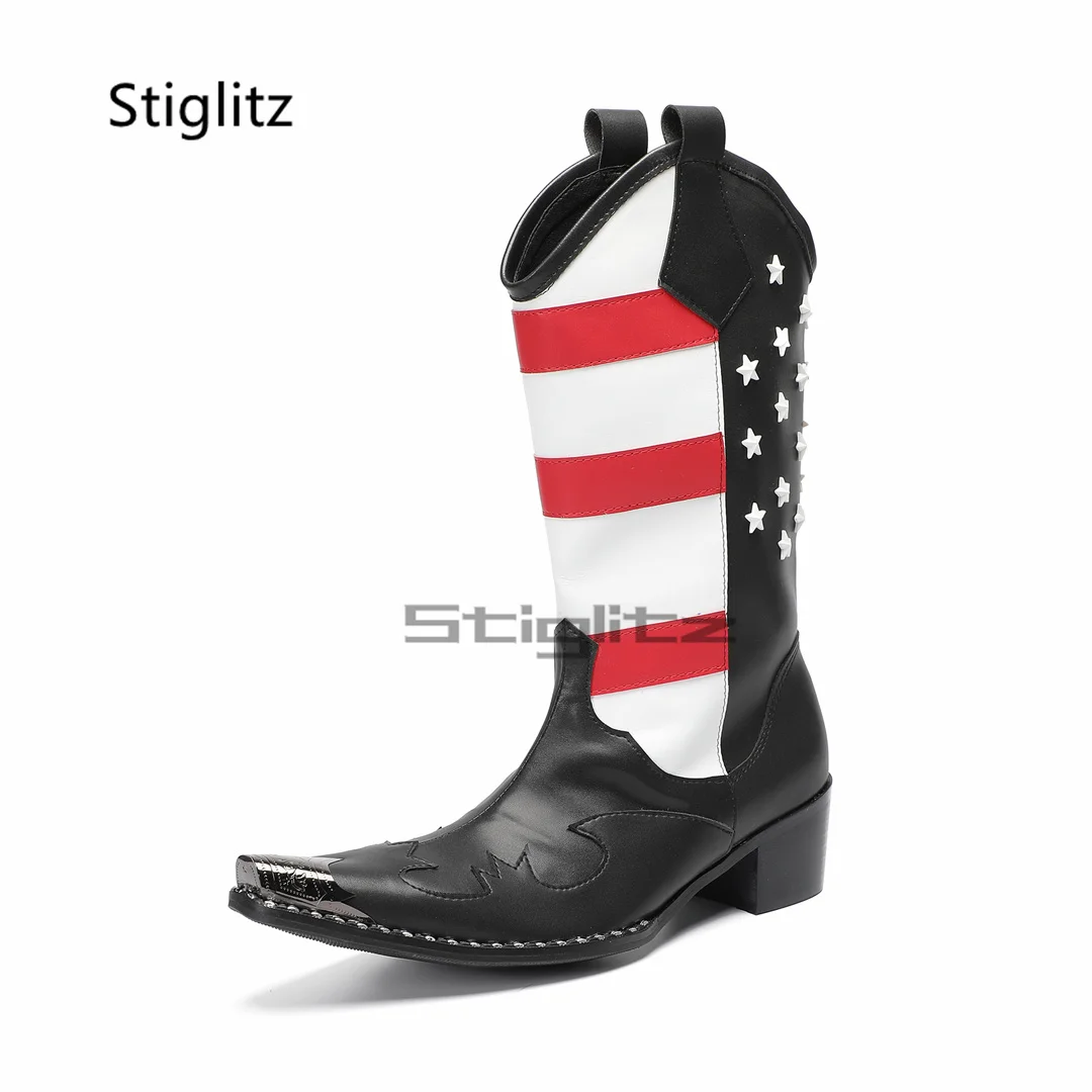 Men's Red White Striped Riding Boots Embroidery Totem High Heels Knight Boots Genuine Leather Patckwork Metal Toe Mid-Calf Boots
Men's Red White Striped Riding Boots Embroidery Totem High Heels Knight Boots Genuine Leather Patckwork Metal Toe Mid-Calf Boots