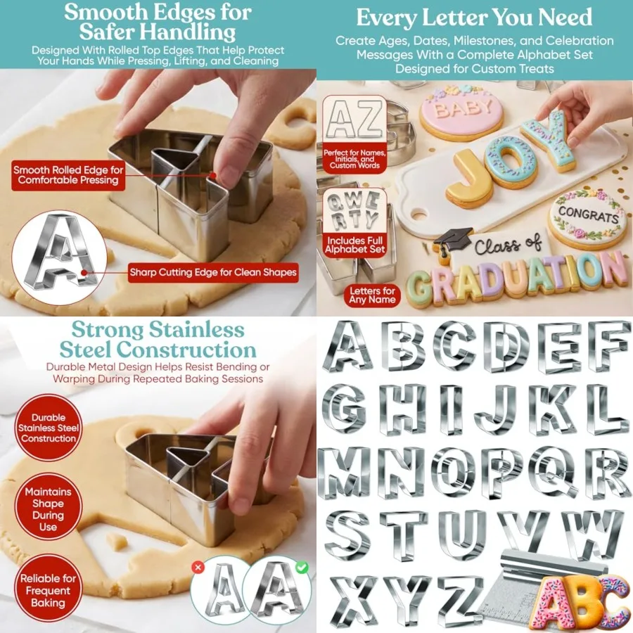 Stainless Steel Alphabet Cookie Cutter Set, Big 3.5 Inch English Letters, 26 Large ABC Cookie Cutters, with Bonus Dough Cutter
Stainless Steel Alphabet Cookie Cutter Set, Big 3.5 Inch English Letters, 26 Large ABC Cookie Cutters, with Bonus Dough Cutter