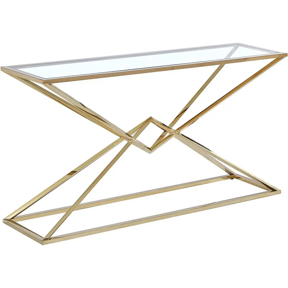 59 Clear Glass Top Coffee Table with Stainless Steel Geometric Base, Gold Accents for Luxurious Living Spaces
59 Clear Glass Top Coffee Table with Stainless Steel Geometric Base, Gold Accents for Luxurious Living Spaces