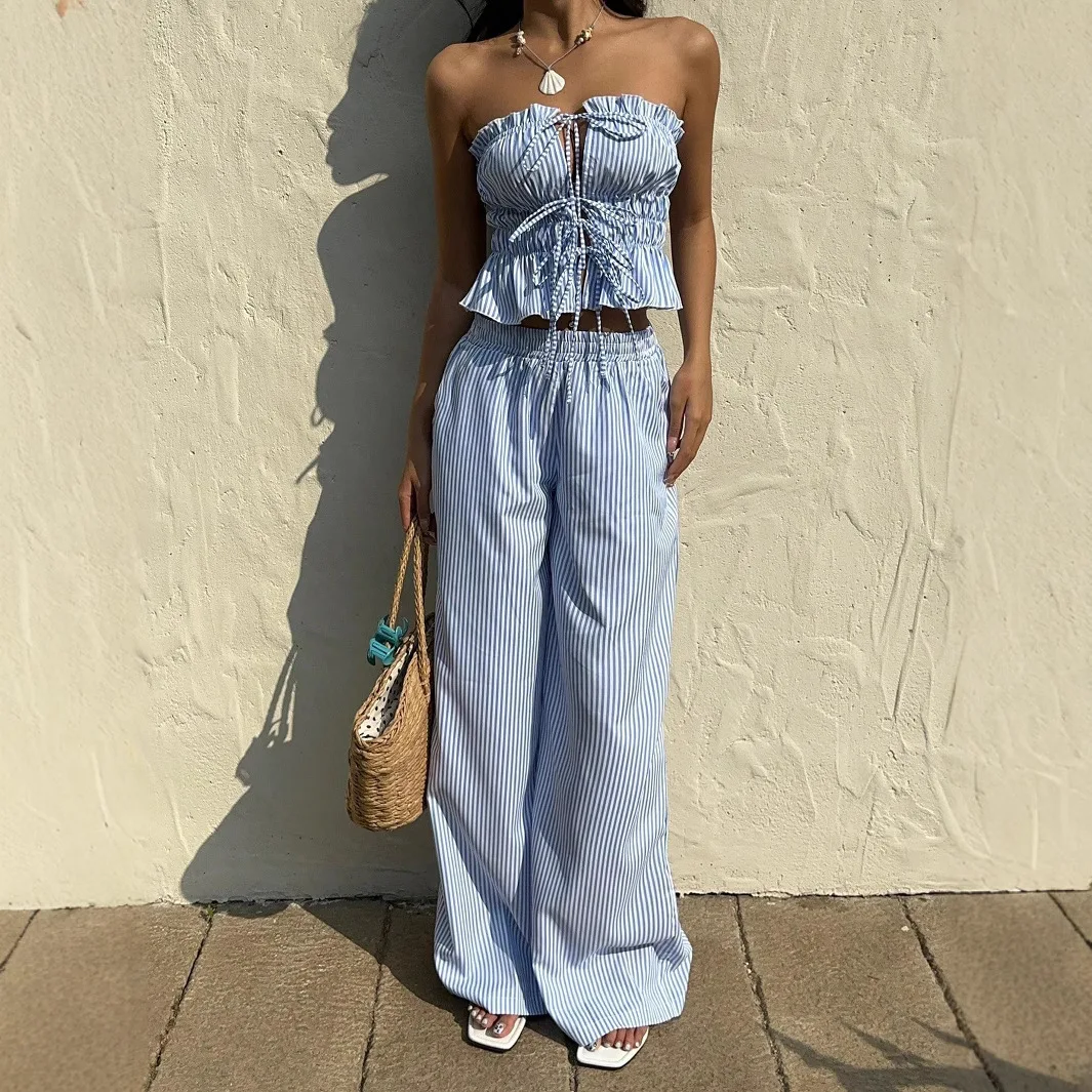 Лето 202, корейский женский комплект в синюю полоску с ремешком, длинные брюки с высокой талией, дизайн для Sli Ladies 
Лето 202, корейский женский комплект в синюю полоску с ремешком, длинные брюки с высокой талией, дизайн для Sli Ladies