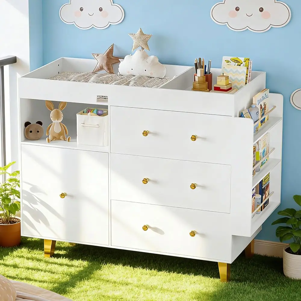 White Wooden Baby Changing Table with Storage Drawers, Large Tabletop, 4 Drawers, Open Storage, Side Shelves for Nurseries and B
White Wooden Baby Changing Table with Storage Drawers, Large Tabletop, 4 Drawers, Open Storage, Side Shelves for Nurseries and B