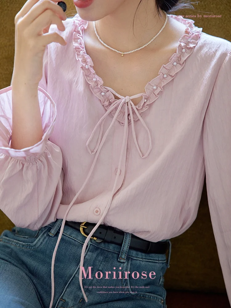 Moriirose Pink Ruffle Button up Shirt Women's Vintage V-Neck Spring Fashionable Long Sleeve Straight Cut Casual Top
Moriirose Pink Ruffle Button up Shirt Women's Vintage V-Neck Spring Fashionable Long Sleeve Straight Cut Casual Top