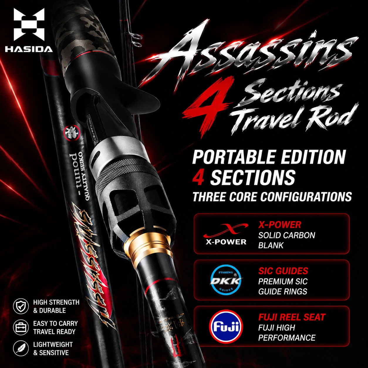 HASIDA Assassin 4Section Travel Fishing Rod 30T+40T Carbon DKK SIC Guide Fuji Reel Seat Portable 1.68-2.44m Freshwater Saltwater
HASIDA Assassin 4Section Travel Fishing Rod 30T+40T Carbon DKK SIC Guide Fuji Reel Seat Portable 1.68-2.44m Freshwater Saltwater