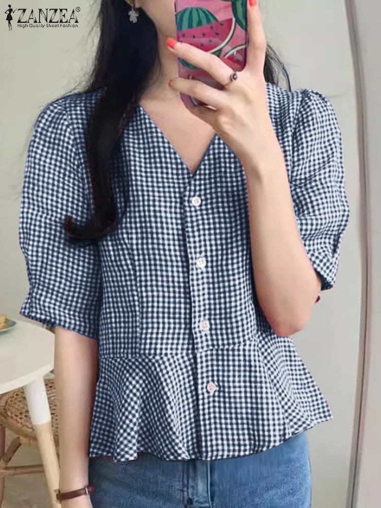 ZANZEA Casual Gingham Shirts Women 2025 Summer Elegant V-Neck Half Puff Sleeve Ruffled Hem Blouses Everyday Button Up Chemises
ZANZEA Casual Gingham Shirts Women 2025 Summer Elegant V-Neck Half Puff Sleeve Ruffled Hem Blouses Everyday Button Up Chemises
