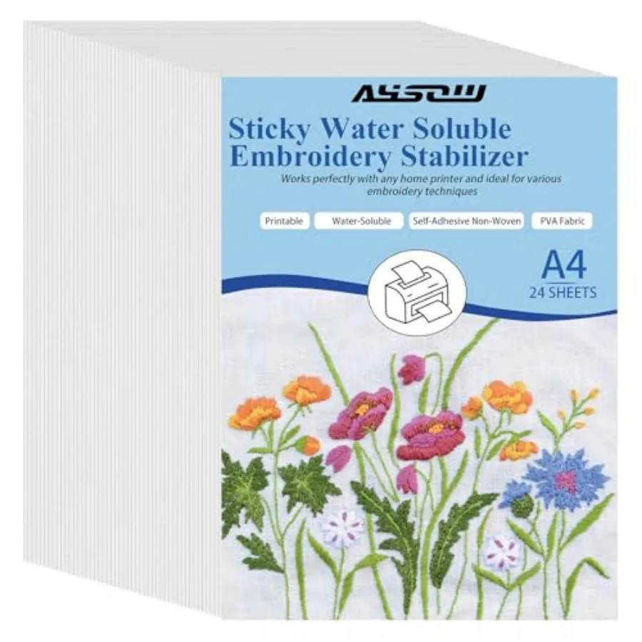 AYSOW 24PCS Sticky Water Soluble Embroidery Stabilizer Sheets - 8.3"x11.7" Non-Toxic, Strong Adhesion, Easy Design Transfer - P
AYSOW 24PCS Sticky Water Soluble Embroidery Stabilizer Sheets - 8.3"x11.7" Non-Toxic, Strong Adhesion, Easy Design Transfer - P