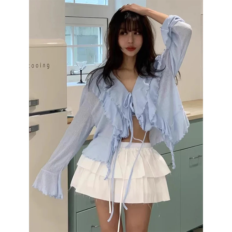 MEXZT Cropped White Shirts Women Fashion Ruffles Bandage Pink Blouses Summer Korean V Neck Flare Long Sleeve Cardigan Tops New
MEXZT Cropped White Shirts Women Fashion Ruffles Bandage Pink Blouses Summer Korean V Neck Flare Long Sleeve Cardigan Tops New