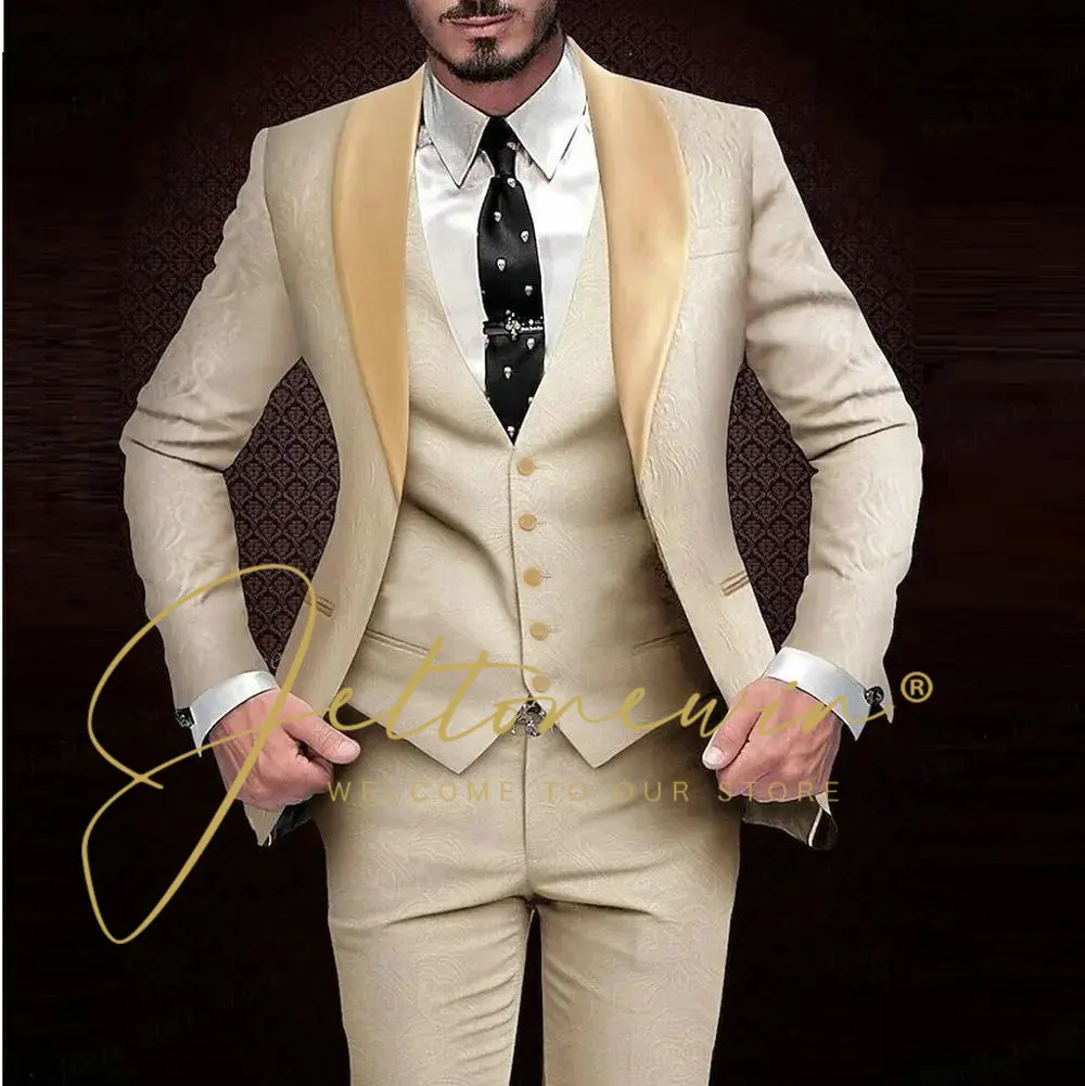 Fashion Champagne Jacquard Floral Men Suits For Wedding 3 Piece Jacket Vest Pant Groom Tuxedos Male Dress Dinner Prom Blazer Set
Fashion Champagne Jacquard Floral Men Suits For Wedding 3 Piece Jacket Vest Pant Groom Tuxedos Male Dress Dinner Prom Blazer Set