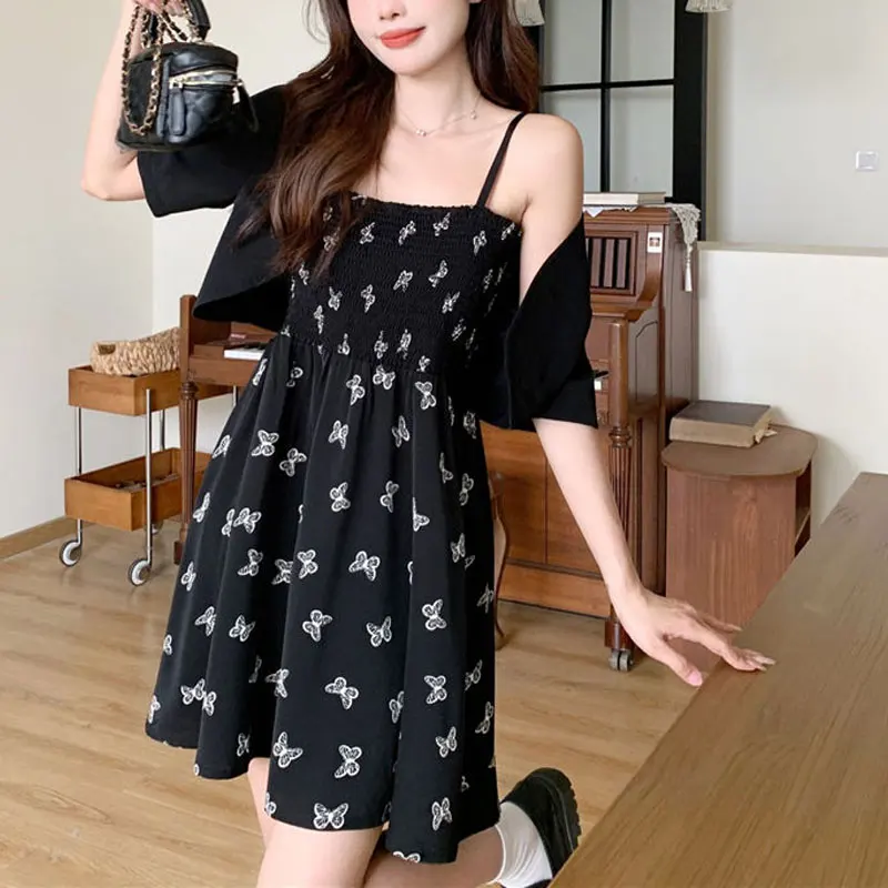 Vintage Butterfly Printed Mini Slip Dress Summer Two Piece Set Female Clothing Short Sleeve Chic Shirring A-Line Waist Dresses
Vintage Butterfly Printed Mini Slip Dress Summer Two Piece Set Female Clothing Short Sleeve Chic Shirring A-Line Waist Dresses