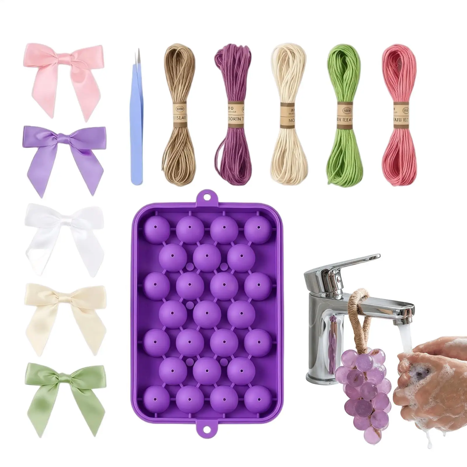Fruit Soap Making Set with Grape Silicone Soap Molds and Hanging Strings Tweezers Ribbon Bowknot For DIY Soap Making Kit
Fruit Soap Making Set with Grape Silicone Soap Molds and Hanging Strings Tweezers Ribbon Bowknot For DIY Soap Making Kit